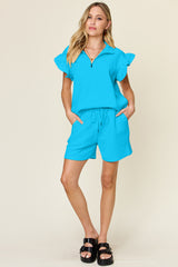 Double Take Full Size Texture Flounce Sleeve Top and Drawstring Shorts Set