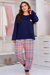 Plus Size Heart Graphic Top and Plaid Joggers Lounge Set
